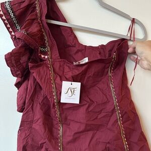 Love Shack Fancy Women's Shoulder Ruffle Aztec Trim Beaded Side Zip